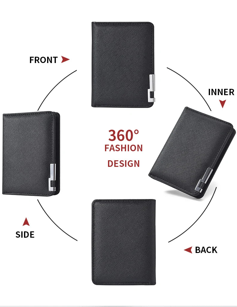 A black slim vertical men's card wallet shown from the front, inner, side, and back angles.