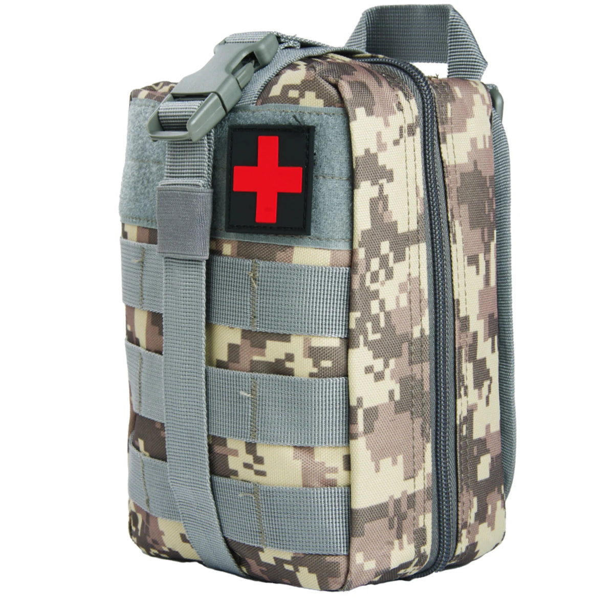 A camouflage tactical waist pack bag with a red cross emblem on the front
