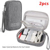 Gray portable digital organizer storage pouch with a clear zippered case containing multiple electronic accessories