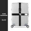 Silver adjustable luggage with a black cross strap and bundling belt.