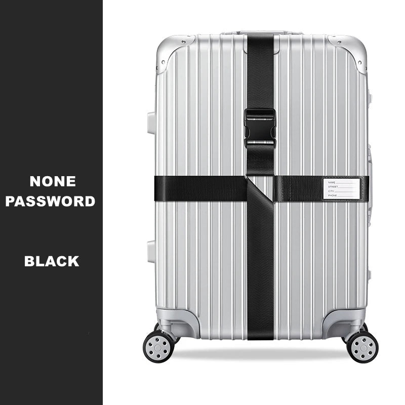 Silver adjustable luggage with a black cross strap and bundling belt.
