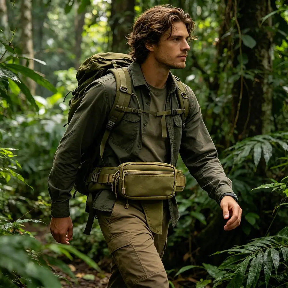 A man wearing a tactical concealed carry waist pack and olive green shirt walks through a dense, lush forest.