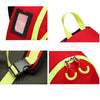 Close-up views of a red medical crossbody bag with neon yellow accents and a black zipper closure.