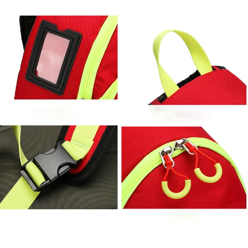 Close-up views of a red medical crossbody bag with neon yellow accents and a black zipper closure.