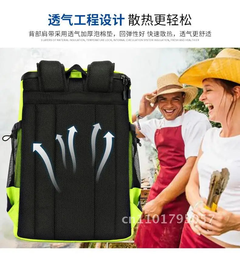A black insulated backpack with green accents is shown being worn by a smiling person outdoors.