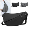 Black women's casual PU chest bag shown in multiple views and on a person's shoulder.