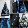A blue and black multifunctional helmet backpack shown in various views, including a close-up of the pack and people using it