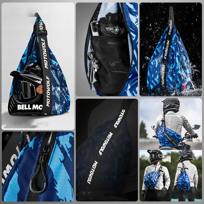 A blue and black multifunctional helmet backpack shown in various views, including a close-up of the pack and people using it