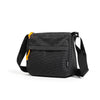A black plaid water resistant crossbody shoulder bag with black straps.