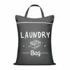 A black laundry bag with a white drawstring closure and a handle is displayed against a white background.