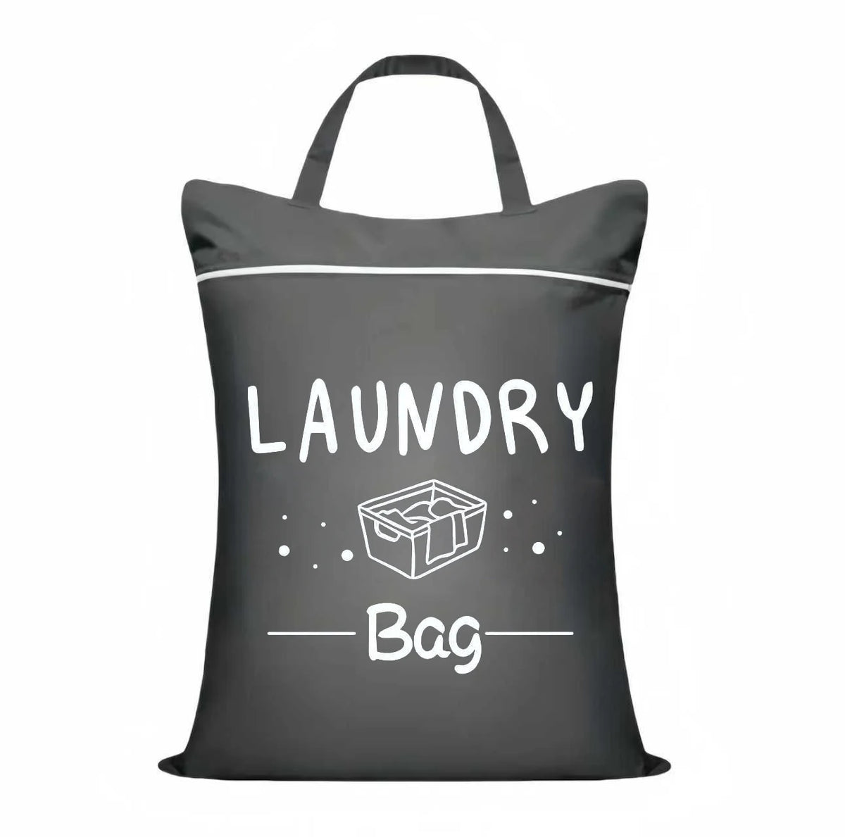 A black laundry bag with a white drawstring closure and a handle is displayed against a white background.