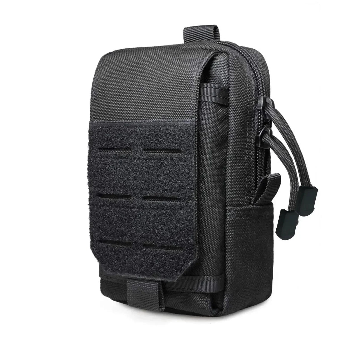 Black tactical MOLLE waist pack designed for carrying everyday gear.