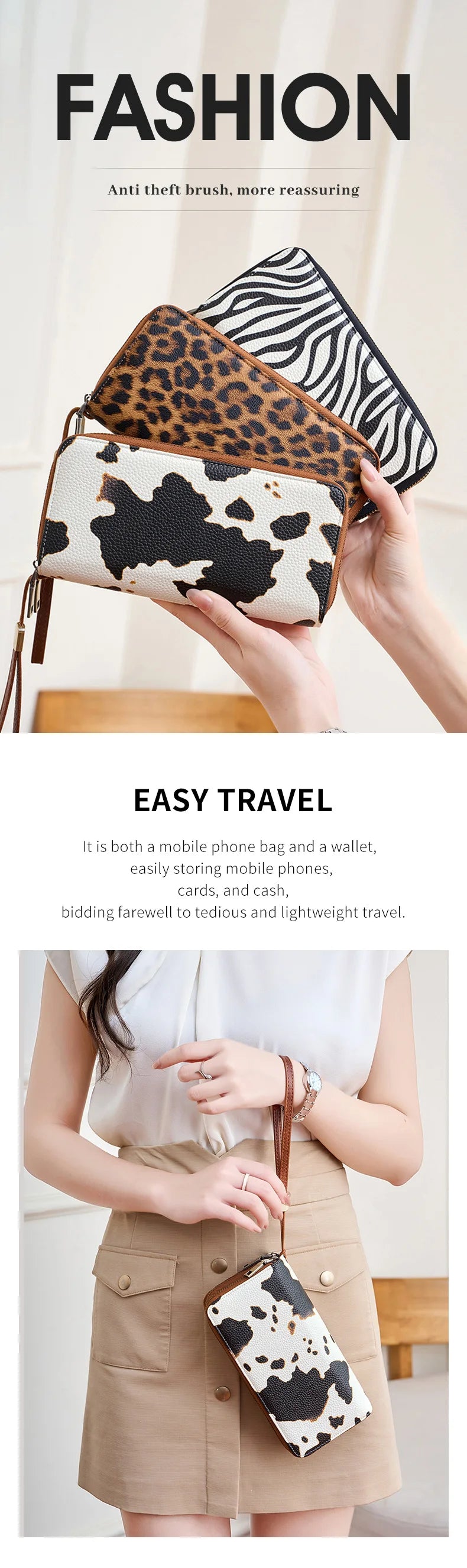 A hand holds a leopard print RFID-blocking tri-fold wallet with a wrist strap against a light background.