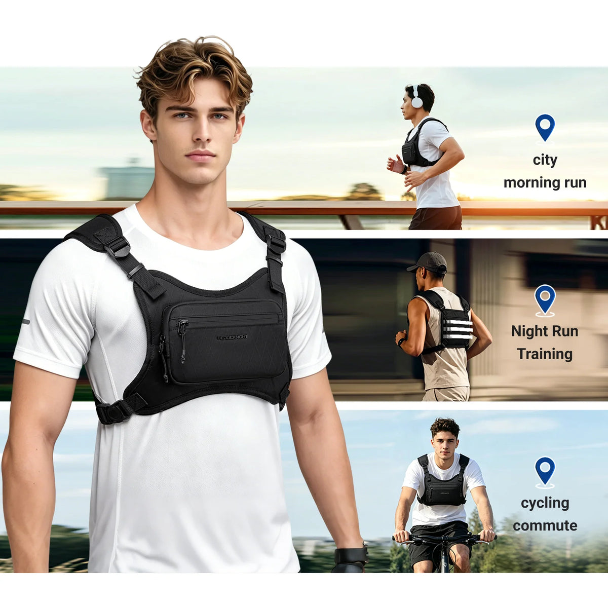 A male model wearing a black X-PAC waterproof chest pack for outdoor adventures, demonstrating various uses like running and 