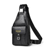 Black men's PU leather belt sling chest bag with a silver buckle and strap.