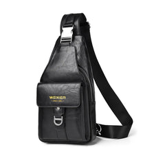 Black men's PU leather belt sling chest bag with a silver buckle and strap.