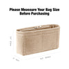 A beige felt organizer insert for handbags shown with dimensions and a zipper detail.