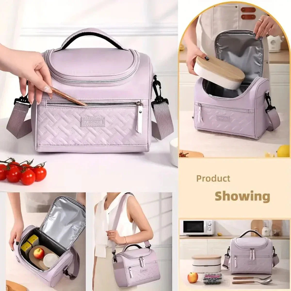 Una bolsa de almuerzo aislada rosa con correa acolchada para el hombro, mostrada en varias vistas y contextos de uso.