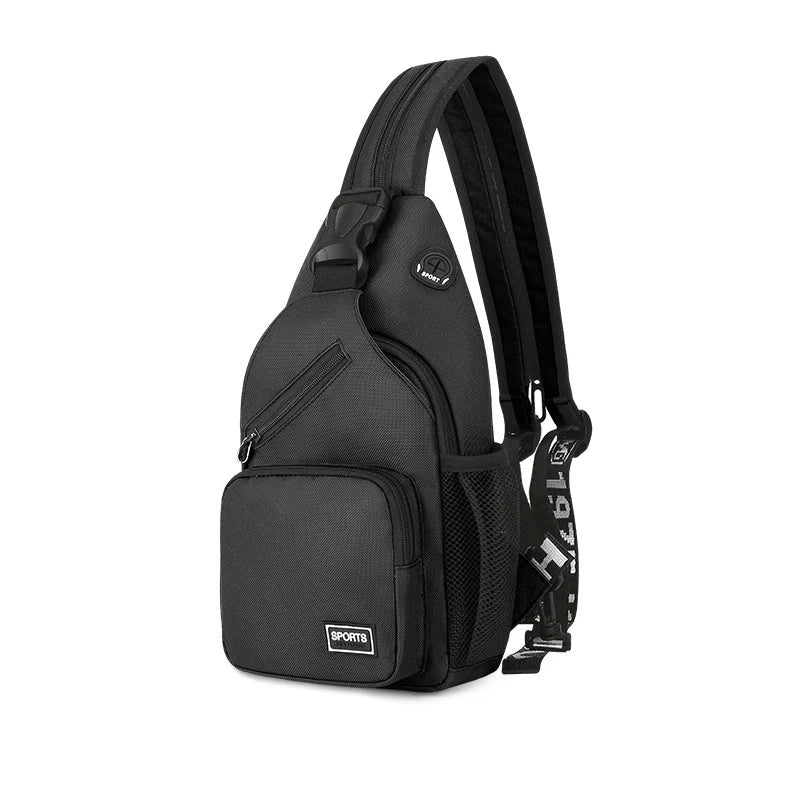 Black multi-use adjustable chest and shoulder bag with a padded strap