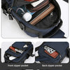 A navy blue multifunctional chest bag showing various zippered pockets and interior compartments.
