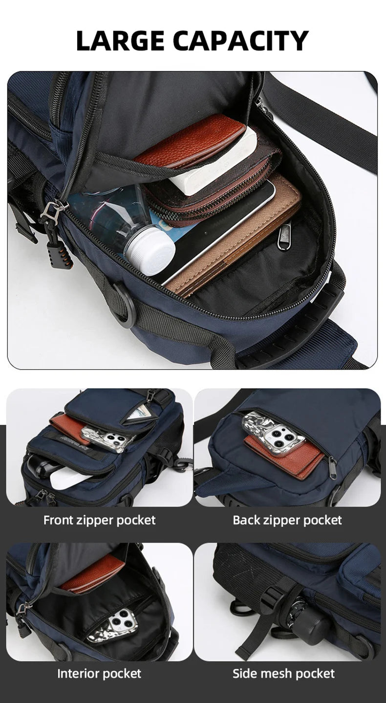 A navy blue multifunctional chest bag showing various zippered pockets and interior compartments.