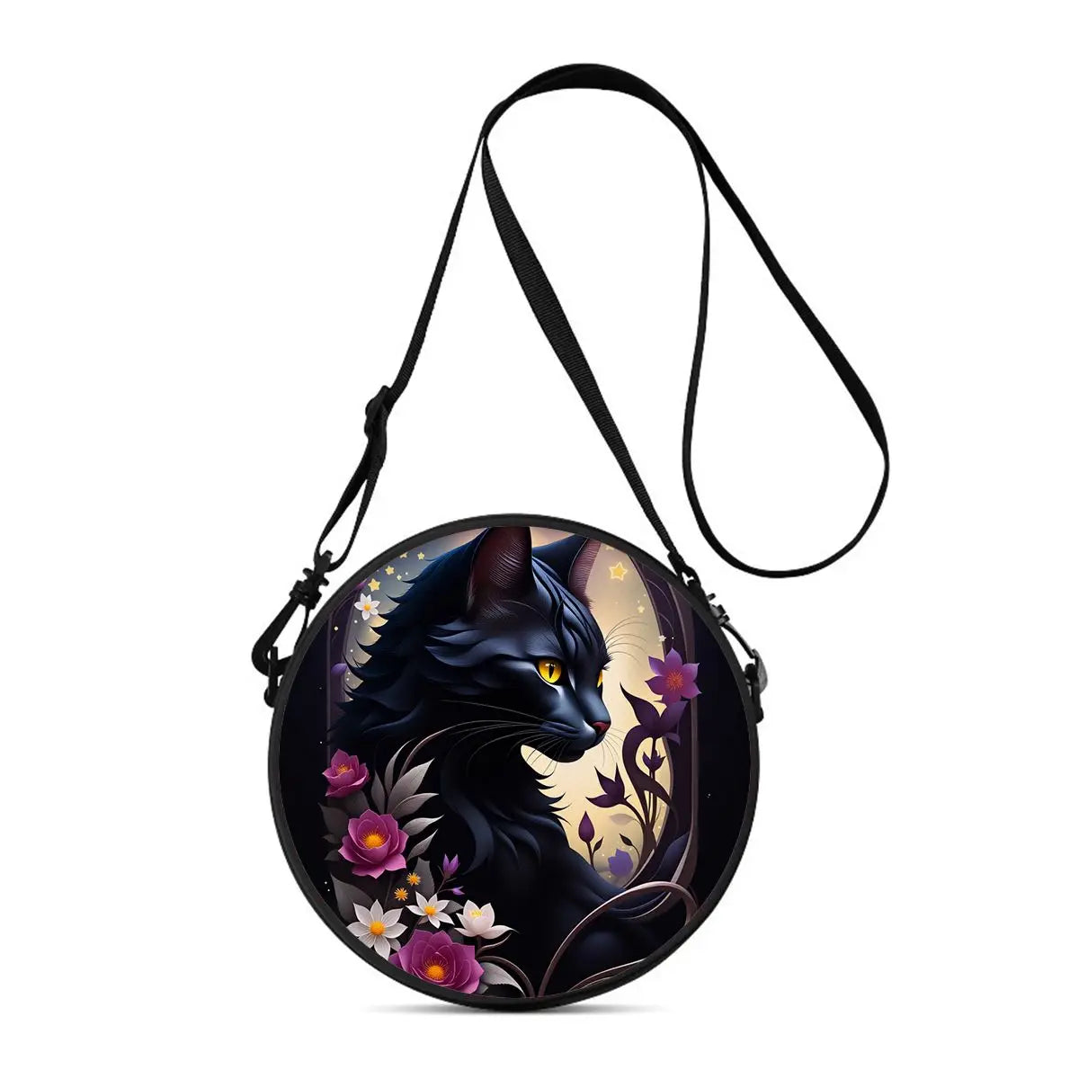 A round black crossbody bag featuring a detailed illustration of a black cat with yellow eyes and purple flowers.