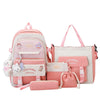 A pink and white 5-piece nylon backpack set for students featuring cartoon designs.