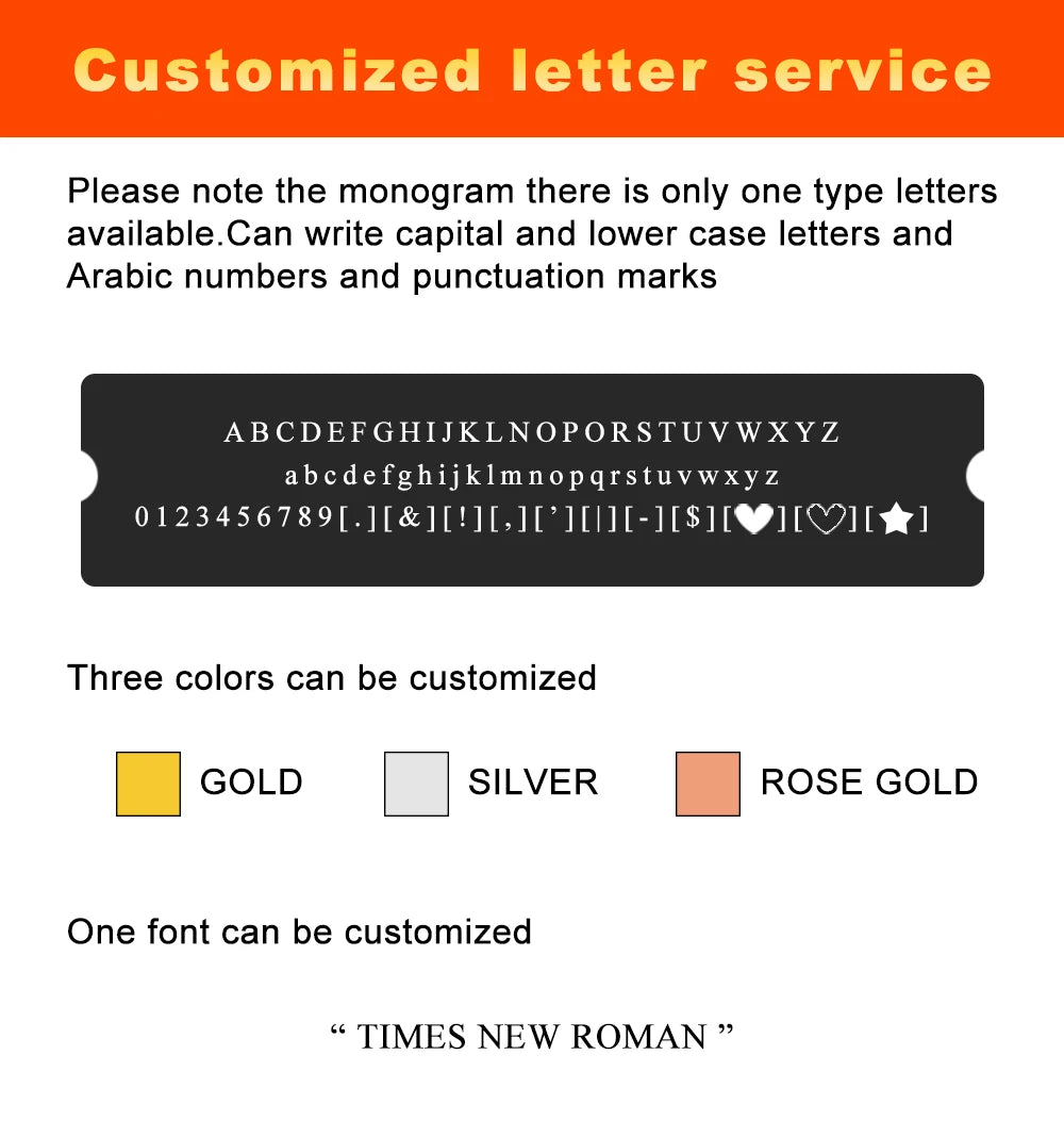 A graphic detailing customization options for a letter service including available characters, colors, and font choices.