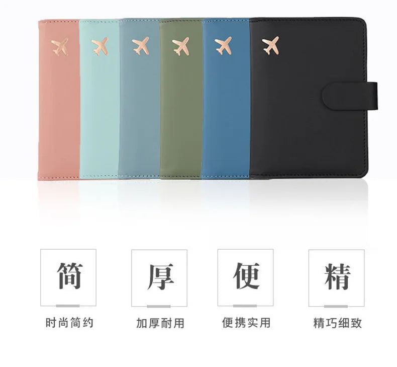 A set of five slim PU leather RFID blocking passport and ID wallets in various pastel and dark colors.