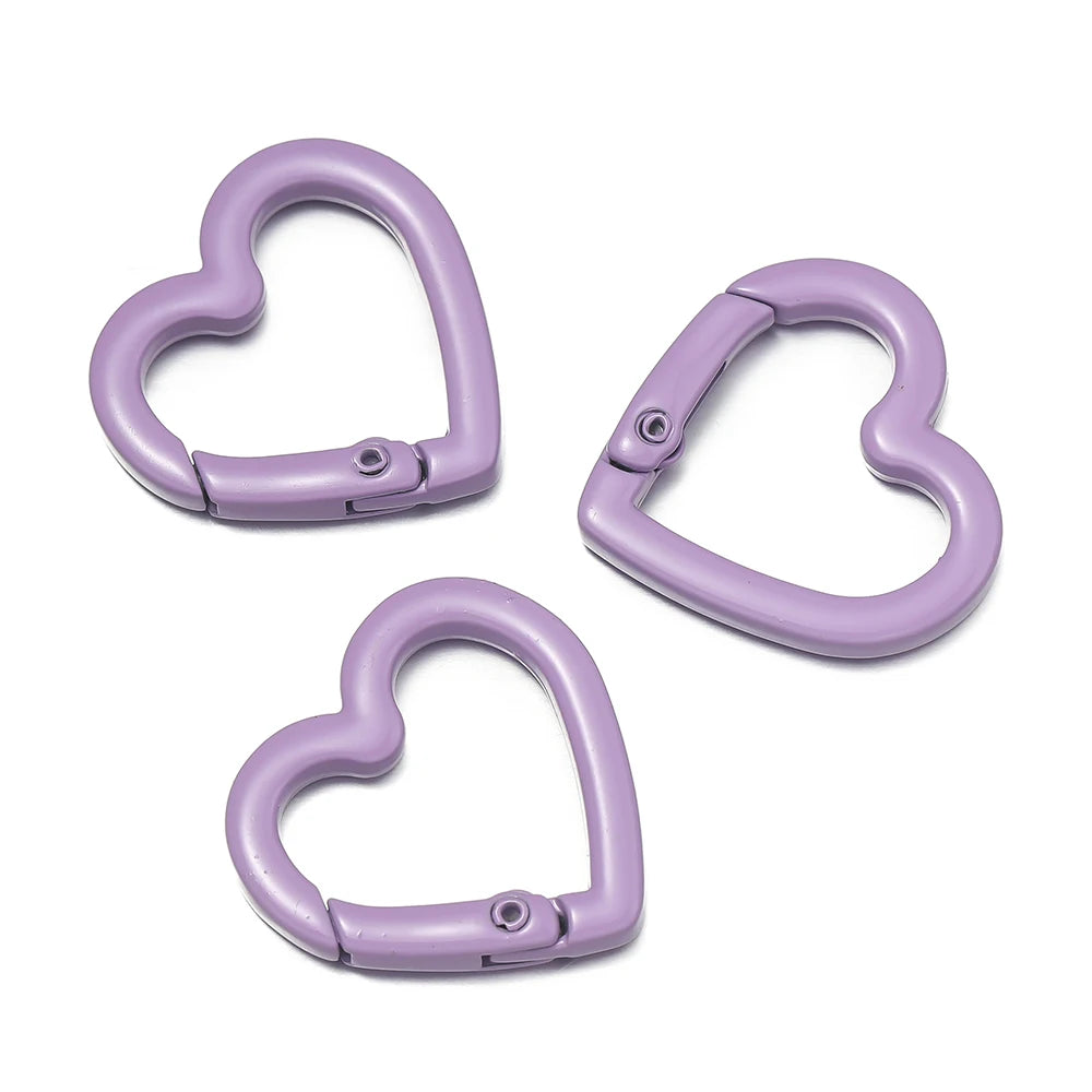 Three purple heart-shaped metal spring clasps for DIY jewelry and keychains
