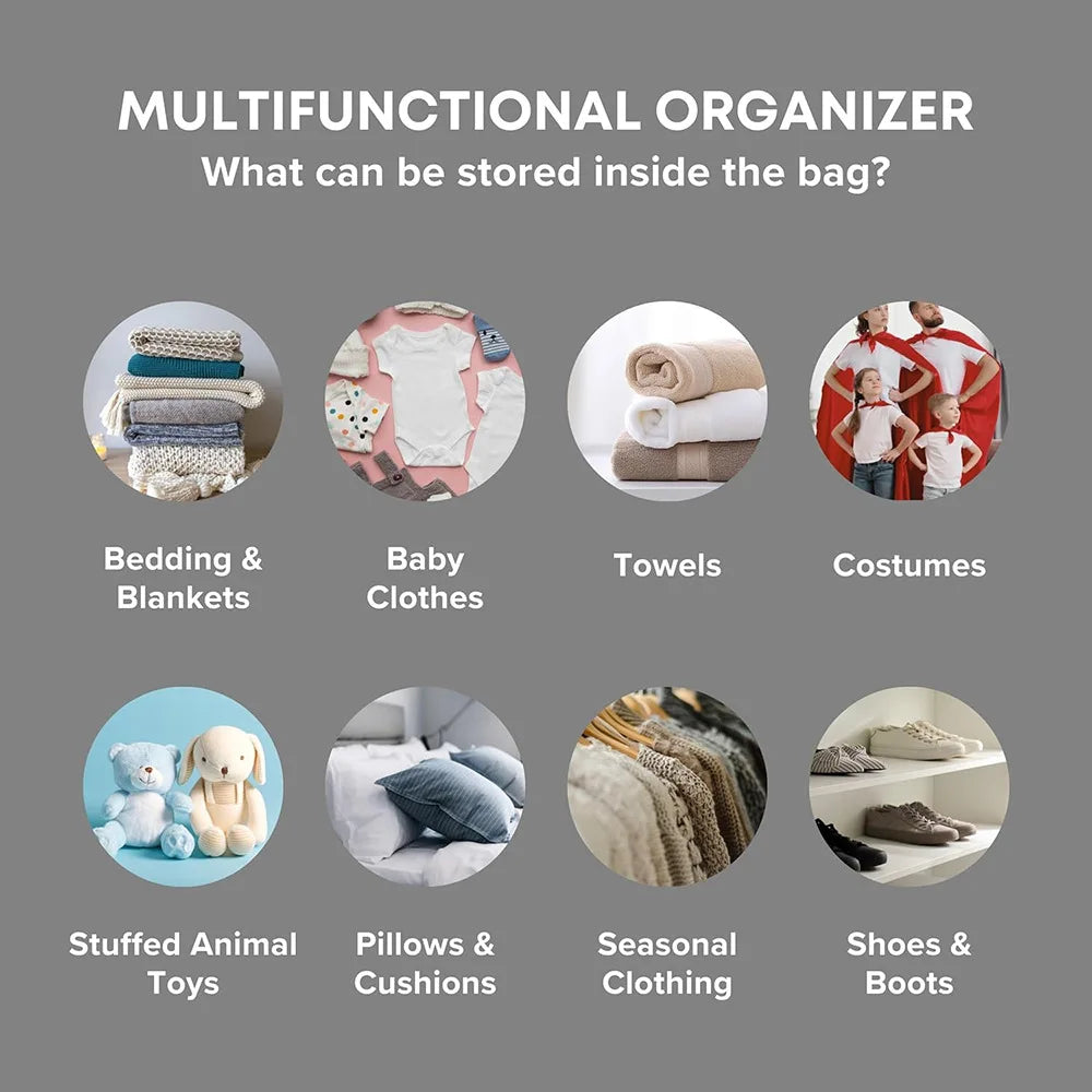 A set of multifunctional organizer bins for storing various items like bedding, baby clothes, towels, costumes, stuffed toys,