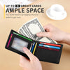 A hand opens a black slim wallet with an ID window, showing cash and cards.