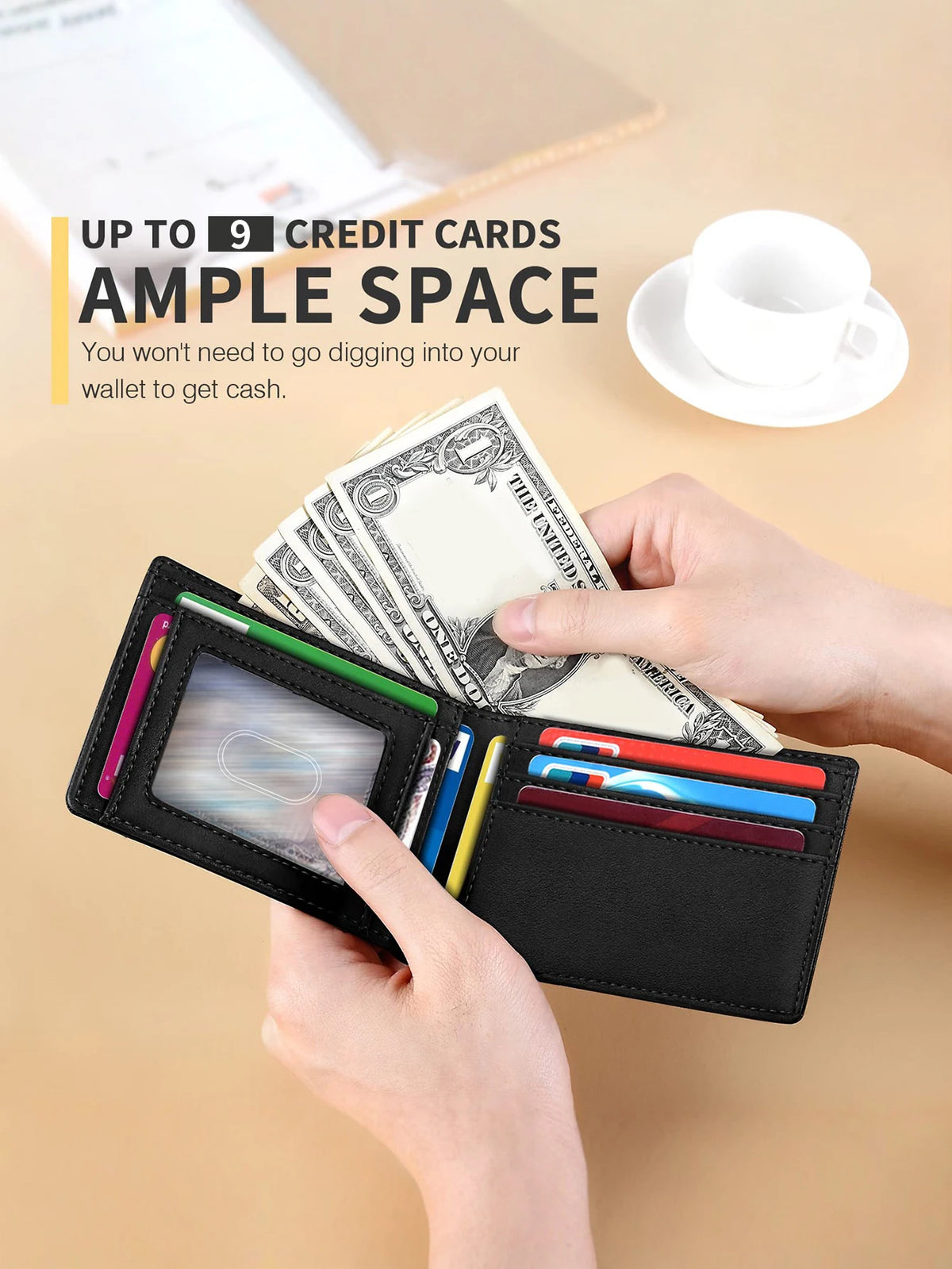 A hand opens a black slim wallet with an ID window, showing cash and cards.