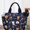Bolsa bento de tela azul oscuro con diseño de animales y árboles