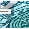 Close-up of a teal waterproof fabric texture with water droplets on a woven surface.