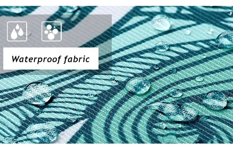 Close-up of a teal waterproof fabric texture with water droplets on a woven surface.