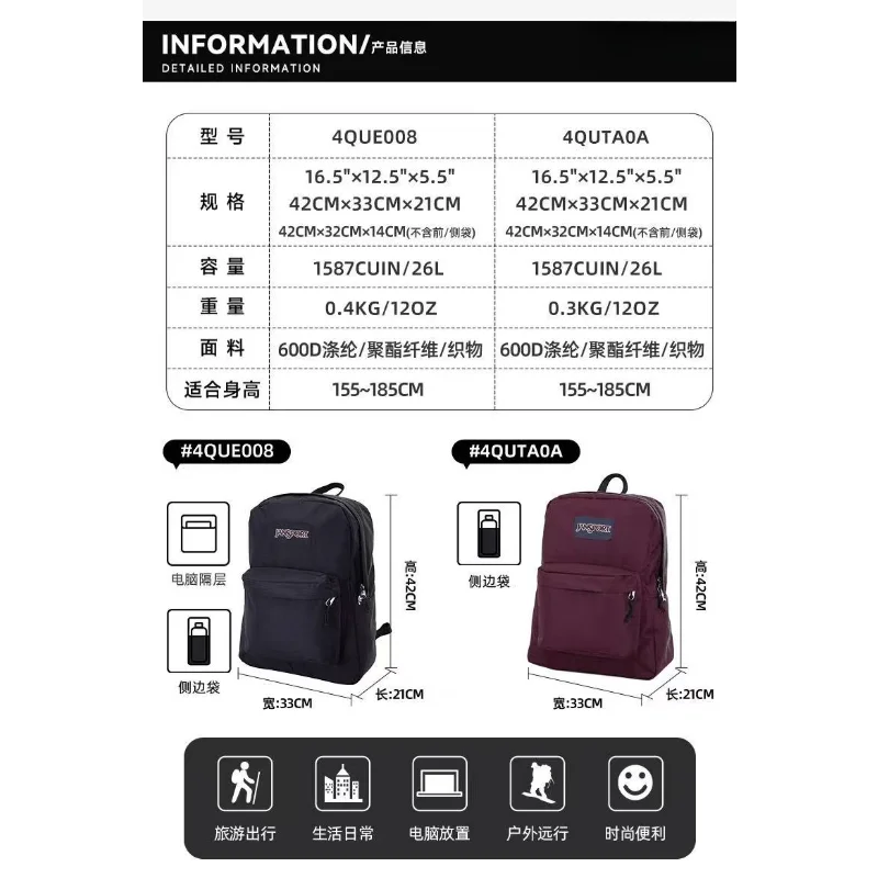 Fiche d'information pour un sac à dos nylon unisexe durable, montrant les spécifications et les caractéristiques.