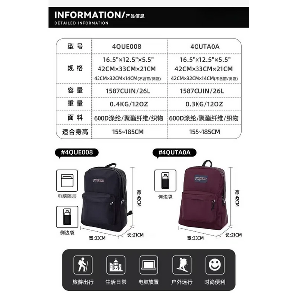 Fiche d'information pour un sac à dos nylon durable unisexe, montrant les spécifications et les caractéristiques.