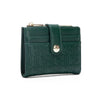 A dark green classic square folding wallet with gold hardware.