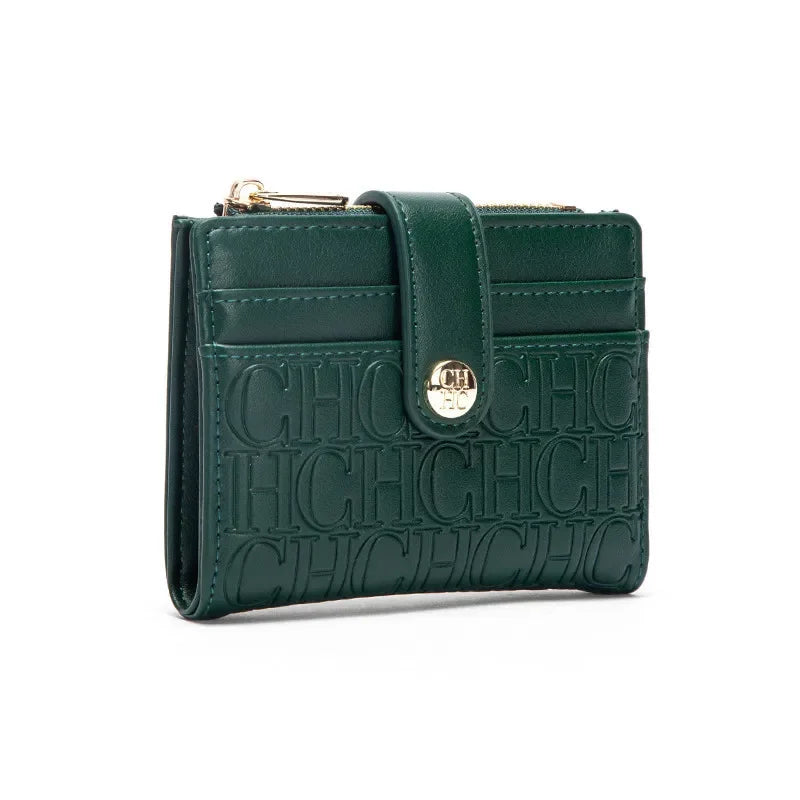 A dark green classic square folding wallet with gold hardware.