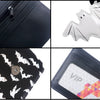 Close-up shots of a black PU leather bat print wallet featuring a zipper pocket and a VIP card slot.