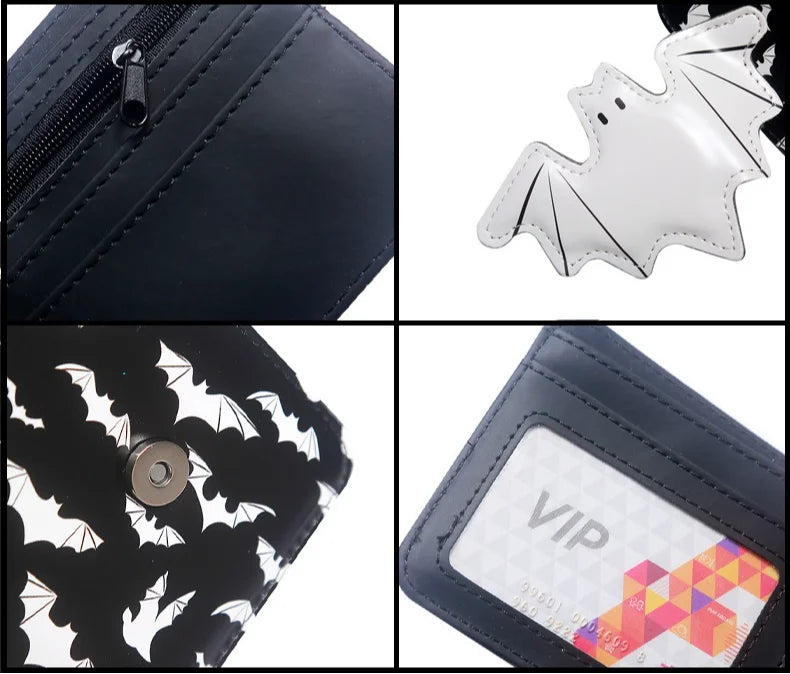 Close-up shots of a black PU leather bat print wallet featuring a zipper pocket and a VIP card slot.