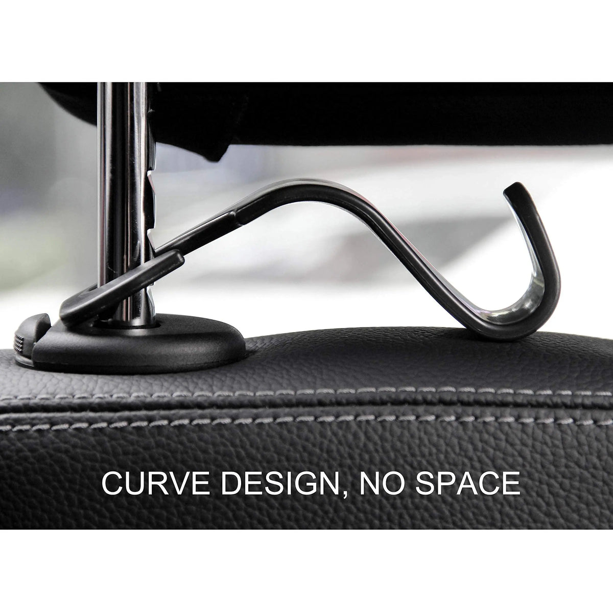 Close-up of a black car seat back hook design featuring a curved metal handle for trunk organization.