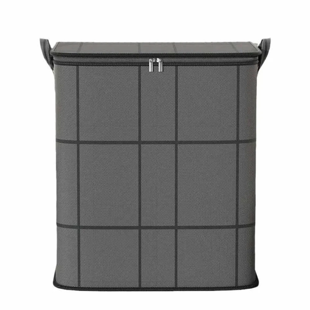 A gray large foldable non-woven storage bag with a checkered pattern.