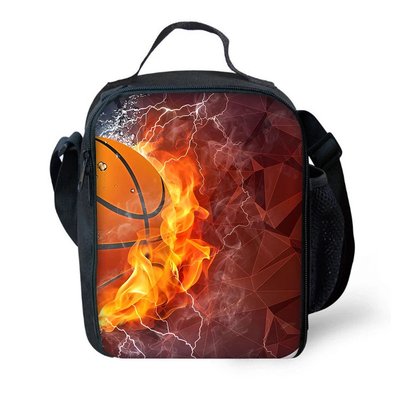 A black backpack featuring a fiery, electrical lightning design over an orange basketball graphic.