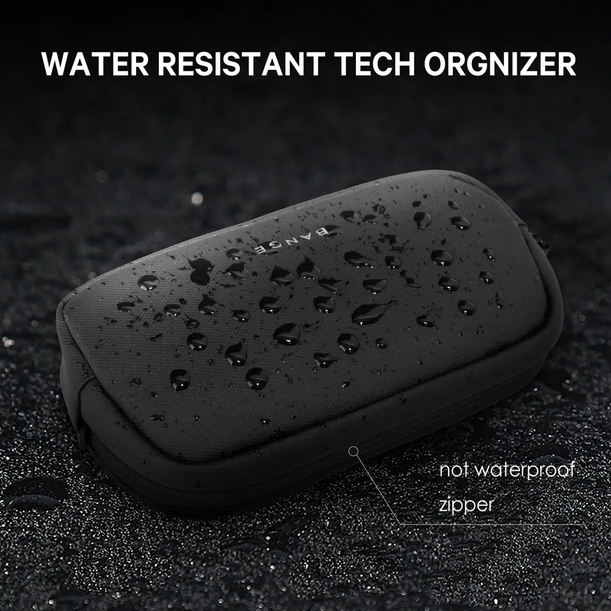 A black water resistant tech organizer pouch with a zipper is shown on a dark surface.