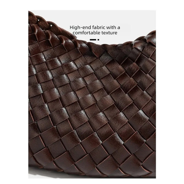A close-up of a dark brown handwoven PU leather shoulder bag with a textured pattern.