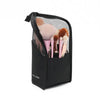 Black foldable makeup brush storage case with a mesh insert holding various makeup brushes
