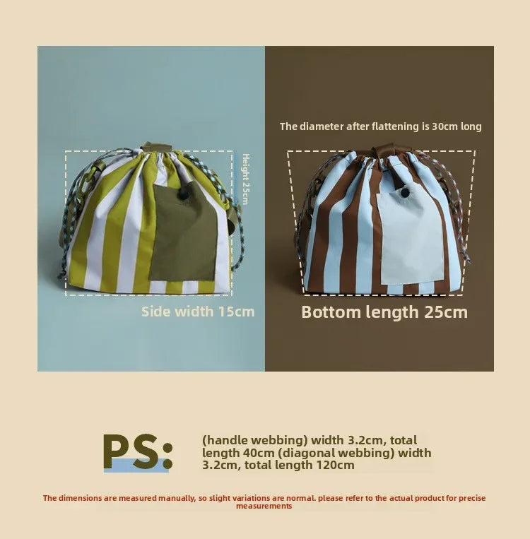 A striped insulated lunch bag shown from the side and top view, featuring a green and white pattern.