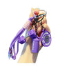A hand holds a purple fitness keychain featuring a dumbbell and kettlebell charm.